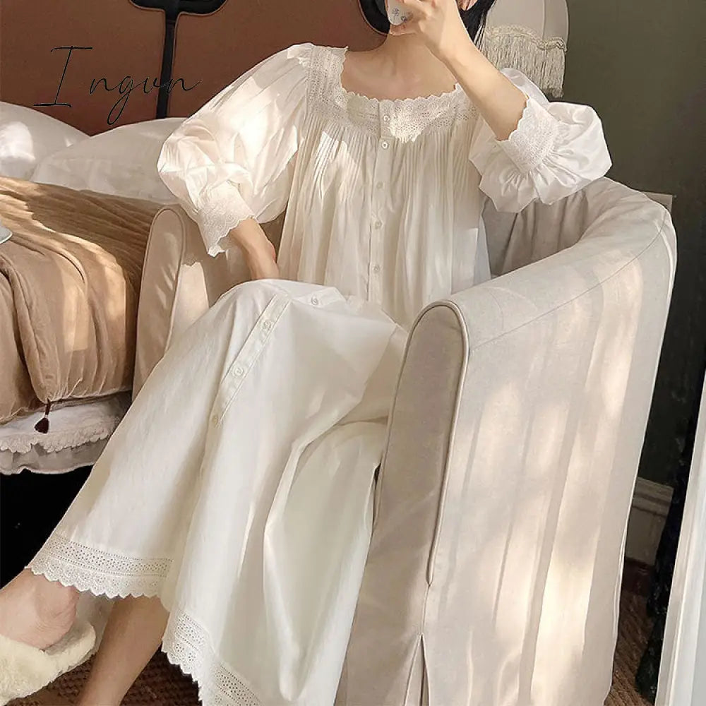 Ingvn - Women Sleepwear French Style Cotton Princess Dress Vintage Ladies Long Sleeves Nightgowns