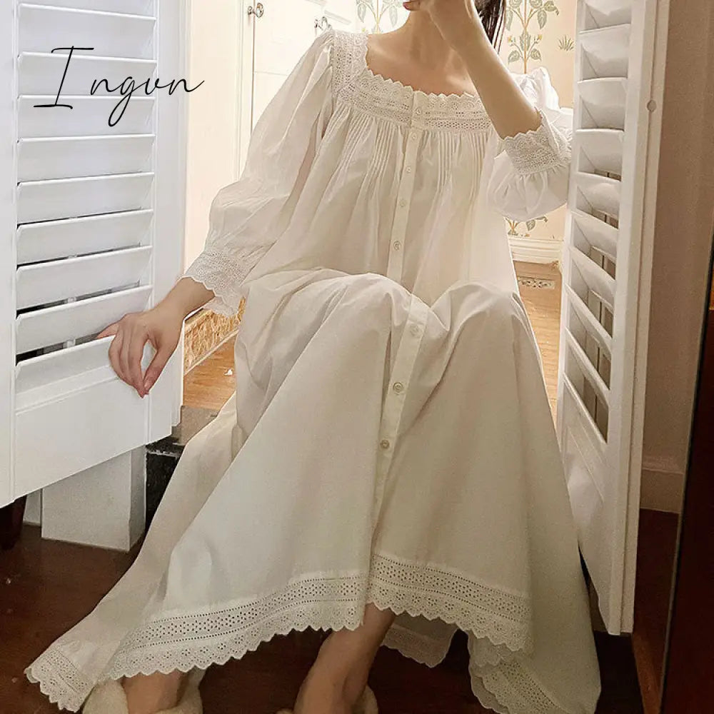 Ingvn - Women Sleepwear French Style Cotton Princess Dress Vintage Ladies Long Sleeves Nightgowns