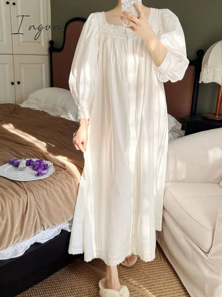 Ingvn - Women Sleepwear French Style Cotton Princess Dress Vintage Ladies Long Sleeves Nightgowns