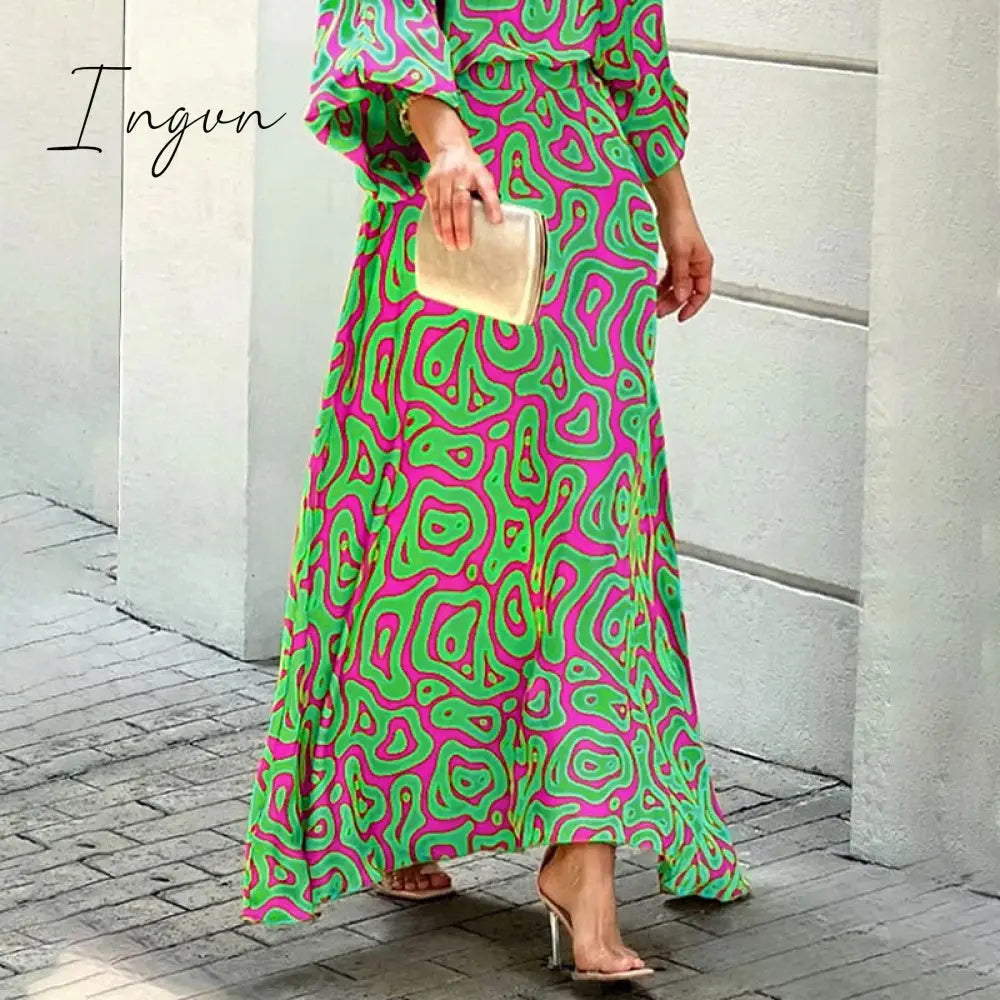 Ingvn - Women Two Piece Set Crew Neck Print Long Lantern Sleeve Top Elegant Dress High Streetwear