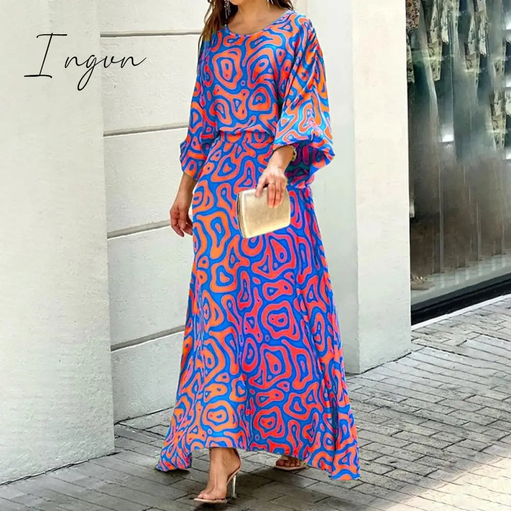Ingvn - Women Two Piece Set Crew Neck Print Long Lantern Sleeve Top Elegant Dress High Streetwear