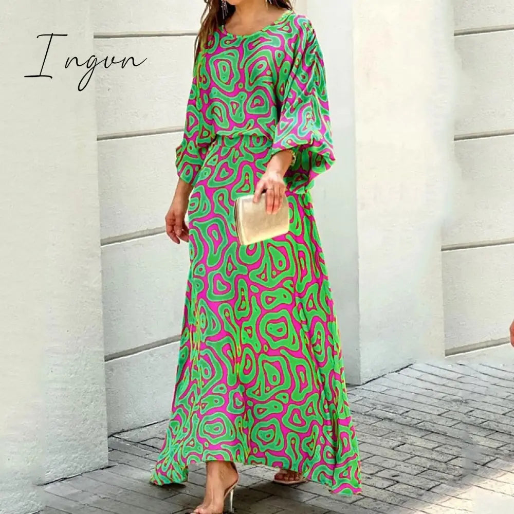 Ingvn - Women Two Piece Set Crew Neck Print Long Lantern Sleeve Top Elegant Dress High Streetwear