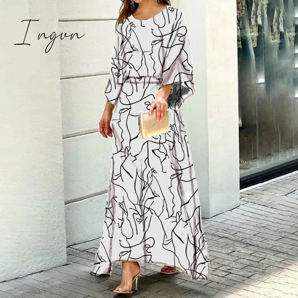 Ingvn - Women Two Piece Set Crew Neck Print Long Lantern Sleeve Top Elegant Dress High Streetwear