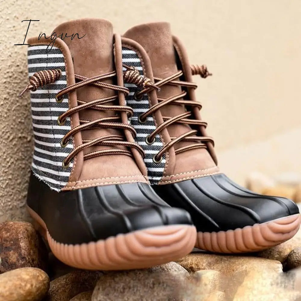 Ingvn - Women Waterproof Lace Up Duck Boots Black And White / 5
