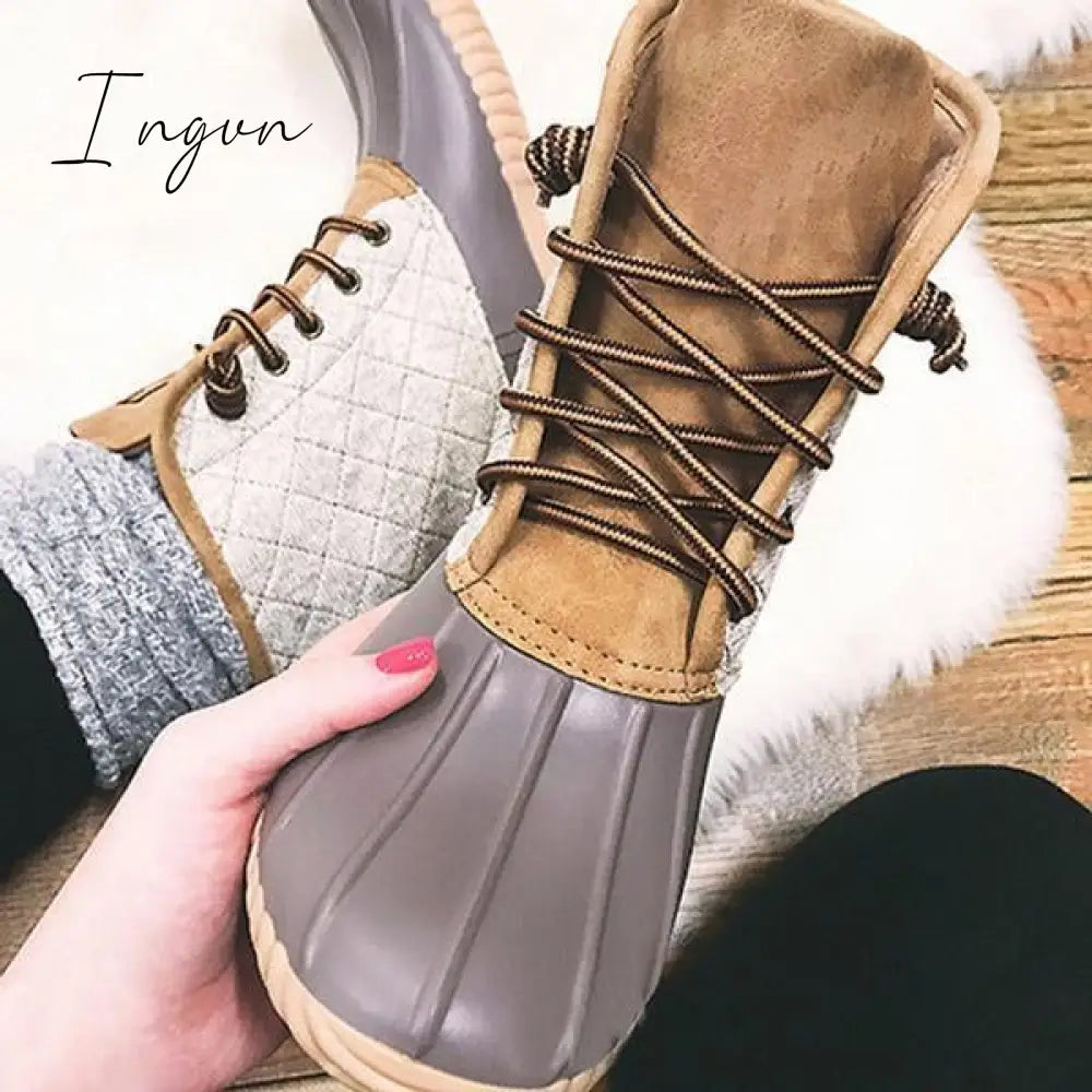 Ingvn - Women Waterproof Lace Up Duck Boots Gray / 5
