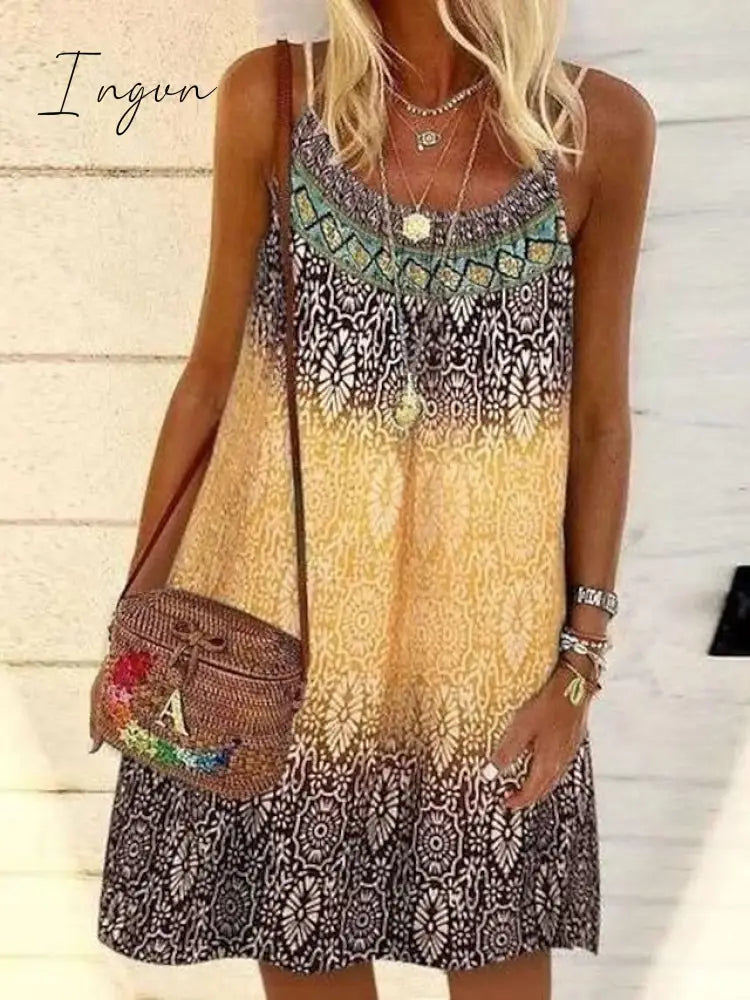 Ingvn - Women’s Casual Dress Chiffon Sundress Mini Yellow Pink Blue Sleeveless Geometric Print
