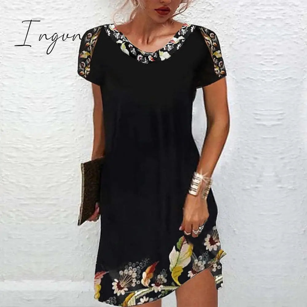 Ingvn - Women’s Casual Dress Ethnic Shift Mini Black White Light Green Short Sleeve Floral Print