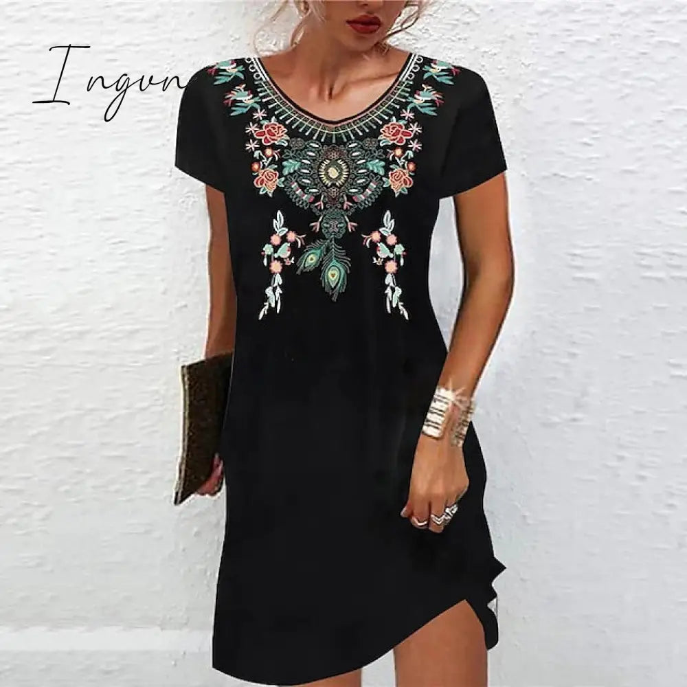 Ingvn - Women’s Casual Dress Ethnic Shift Mini Black White Light Green Short Sleeve Floral Print