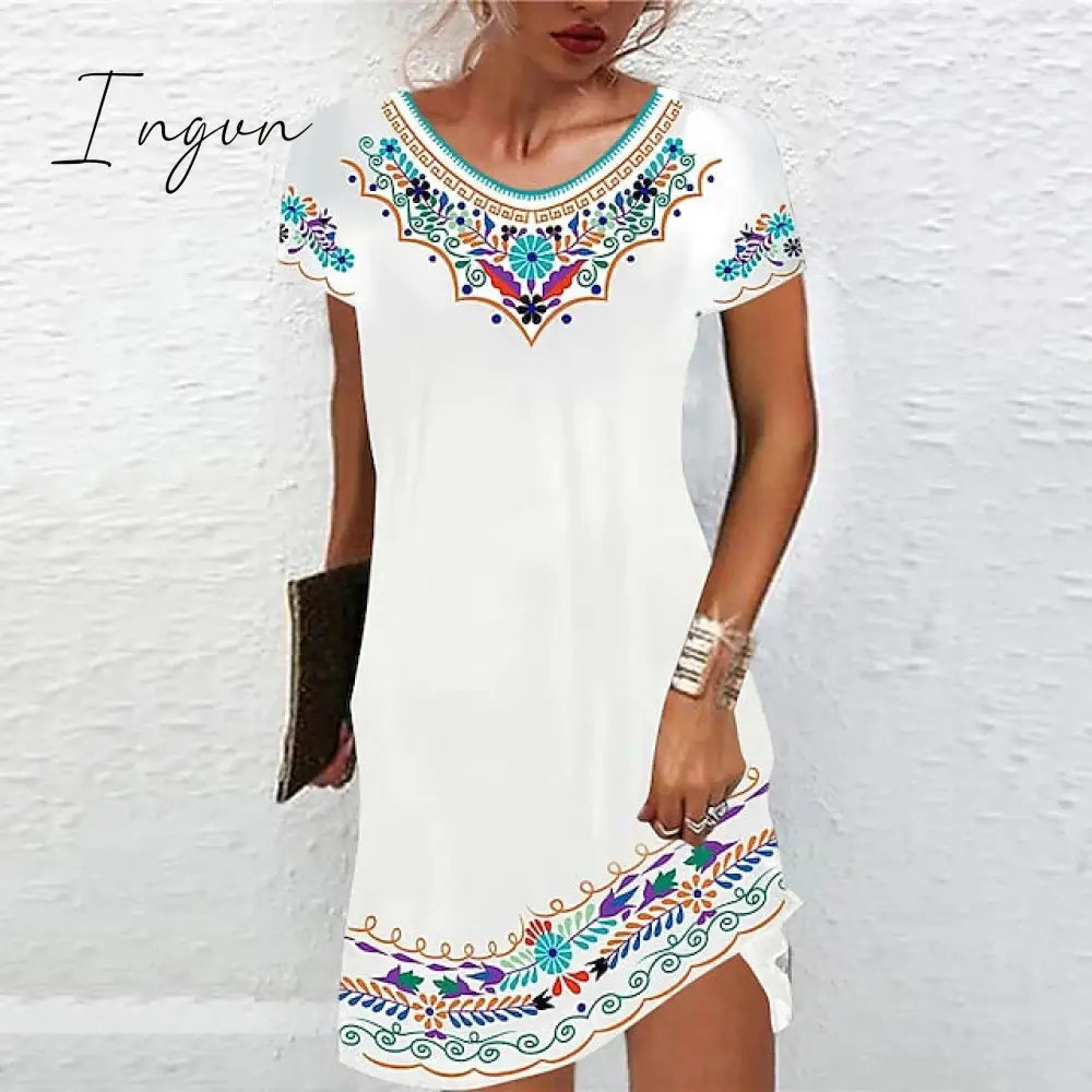 Ingvn - Women’s Casual Dress Ethnic Shift Mini Black White Light Green Short Sleeve Floral Print