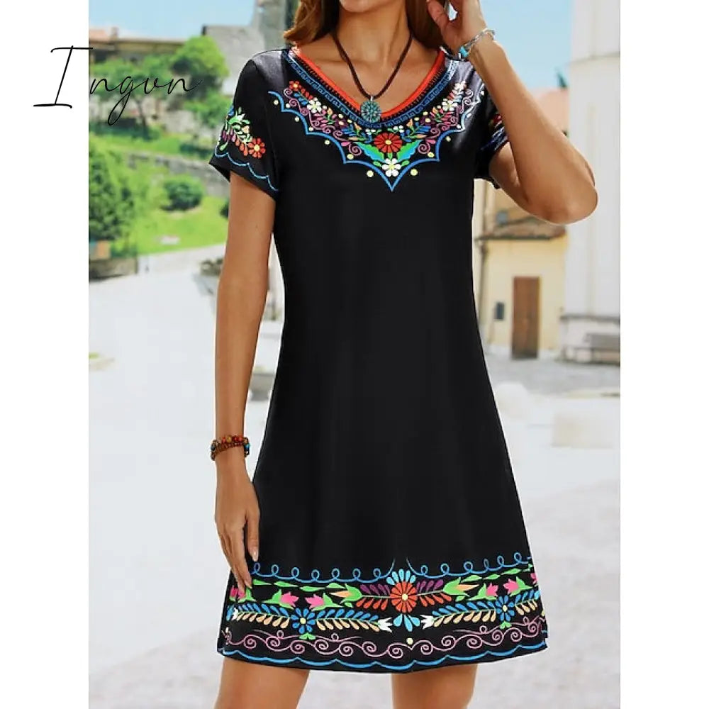 Ingvn - Women’s Casual Dress Ethnic Shift Mini Black White Light Green Short Sleeve Floral Print