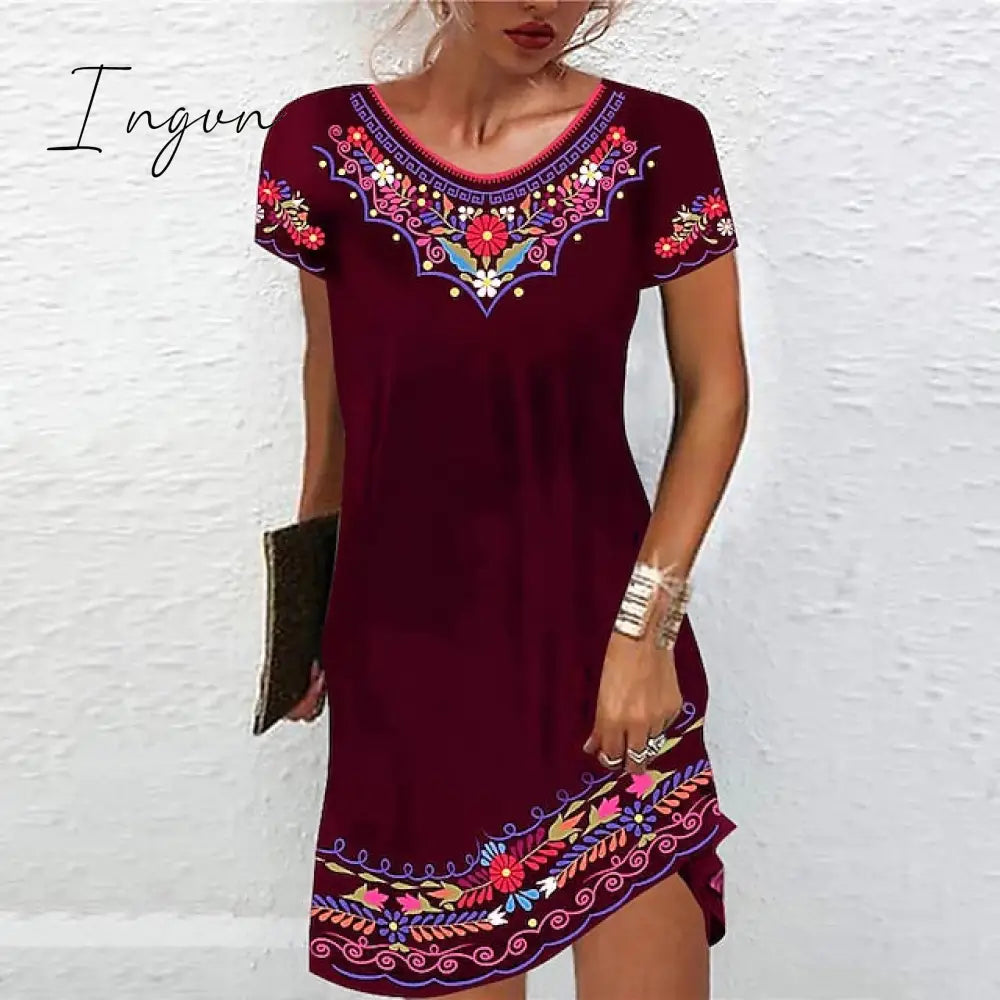 Ingvn - Women’s Casual Dress Ethnic Shift Mini Black White Light Green Short Sleeve Floral Print