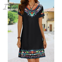 Ingvn - Women’s Casual Dress Ethnic Shift Mini Black White Light Green Short Sleeve Floral Print