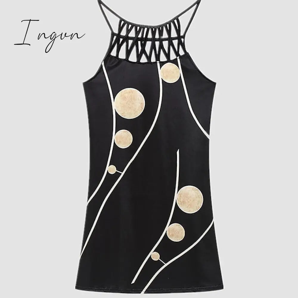 Ingvn - Women’s Casual Dress Halter Neck Midi Leopard Black Wine Sleeveless Geometric Cut Out