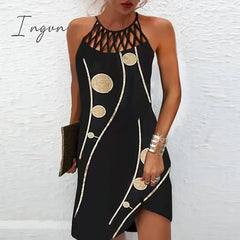 Ingvn - Women’s Casual Dress Halter Neck Midi Leopard Black Wine Sleeveless Geometric Cut Out