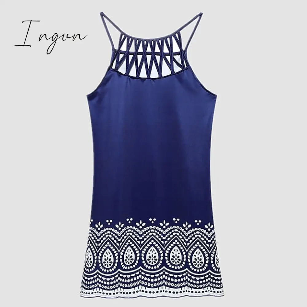 Ingvn - Women’s Casual Dress Halter Neck Midi Leopard Black Wine Sleeveless Geometric Cut Out