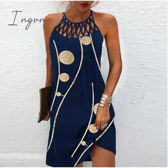 Ingvn - Women’s Casual Dress Halter Neck Midi Leopard Black Wine Sleeveless Geometric Cut Out