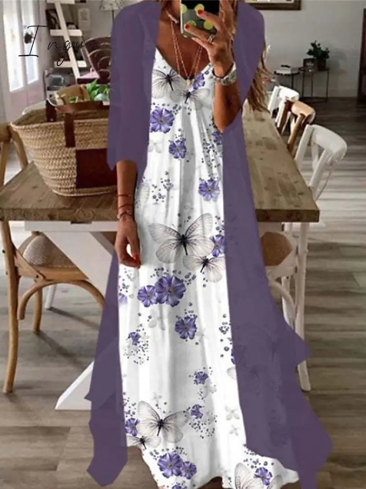 Ingvn - Women’s Casual Dress Set Two Piece Long Maxi Purple Brown Green Half Sleeve Flower Print