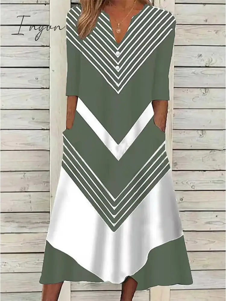 Ingvn - Women’s Casual Dress Shift Midi Black And White Stripes Green Dark Blue Half Sleeve Color