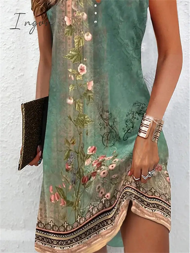 Ingvn - Women’s Casual Dress Shift Tank Floral Button Print V Neck Mini Active Fashion Outdoor