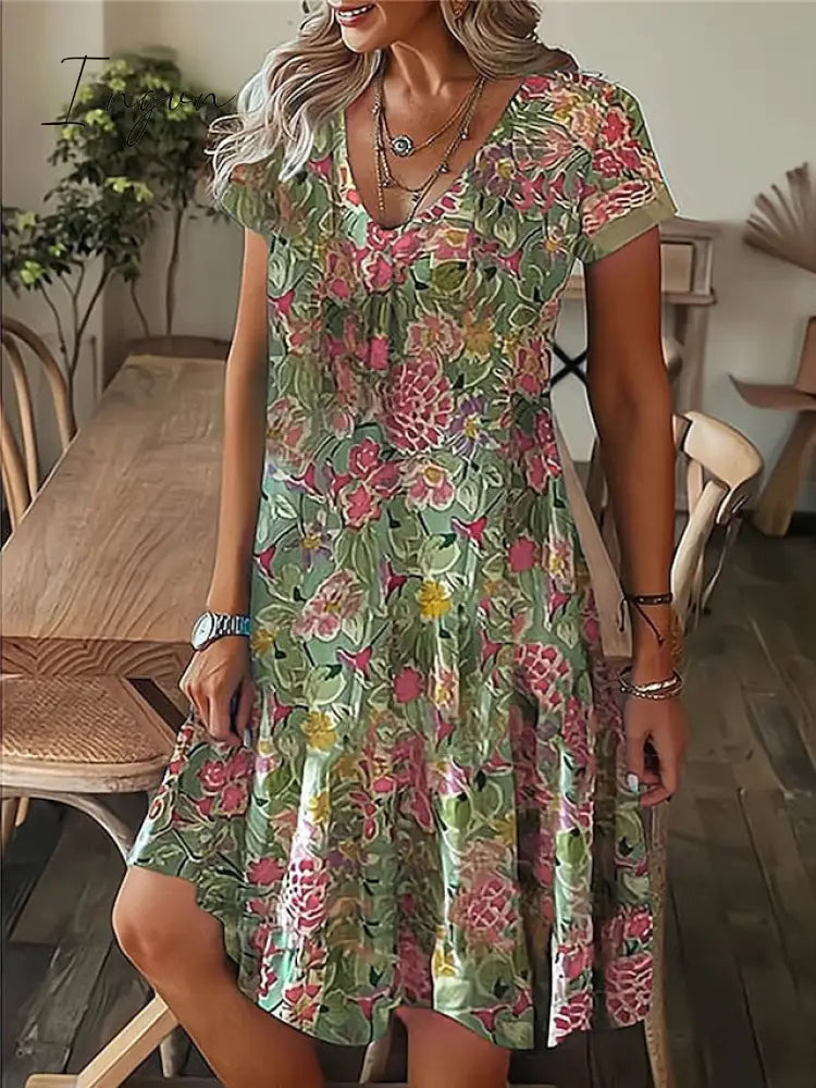 Ingvn - Women’s Casual Dress Summer Print Leaf Floral V Neck Midi Fashion Modern Outdoor Daily