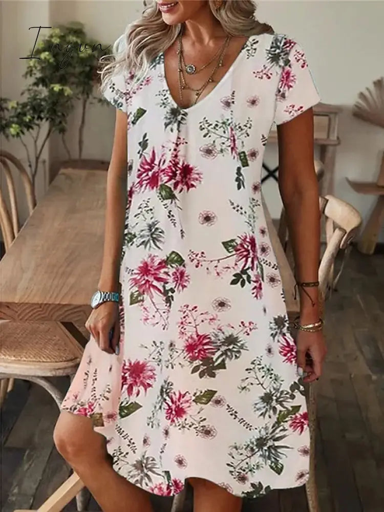 Ingvn - Women’s Casual Dress Summer Print Leaf Floral V Neck Midi Fashion Modern Outdoor Daily
