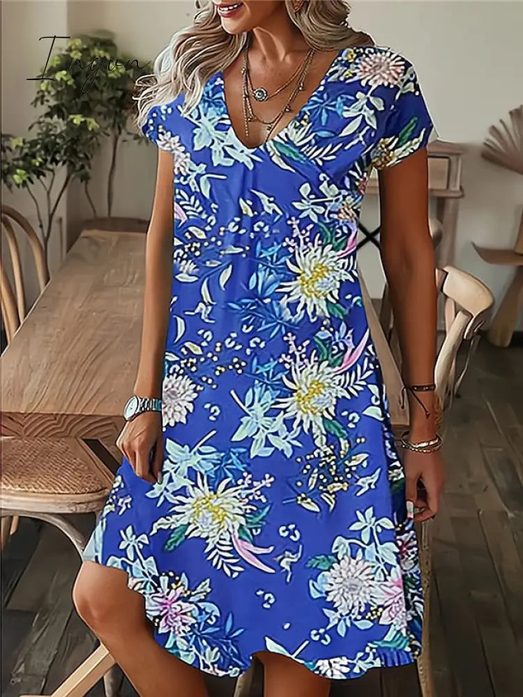 Ingvn - Women’s Casual Dress Summer Print Leaf Floral V Neck Midi Fashion Modern Outdoor Daily