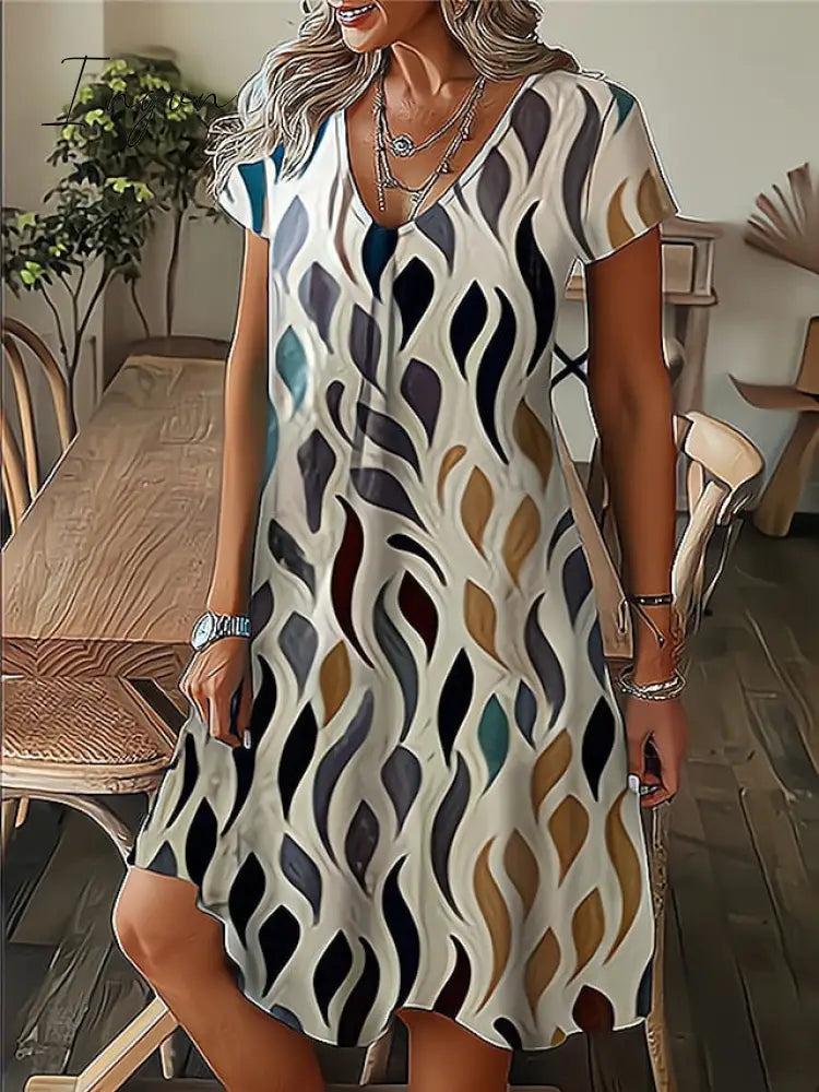 Ingvn - Women’s Casual Dress Summer Print Leaf Floral V Neck Midi Fashion Modern Outdoor Daily