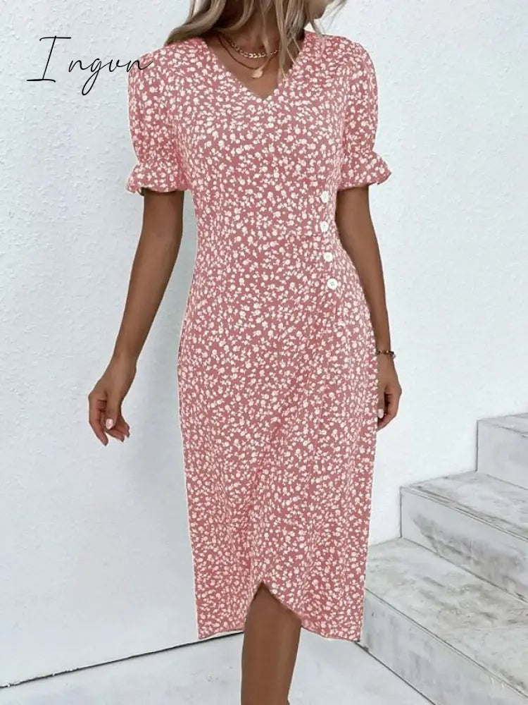 Ingvn - Women’s Casual Dress Wrap Floral Button Print V Neck Midi Fashion Classic Daily Holiday