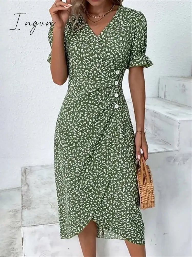 Ingvn - Women’s Casual Dress Wrap Floral Button Print V Neck Midi Fashion Classic Daily Holiday