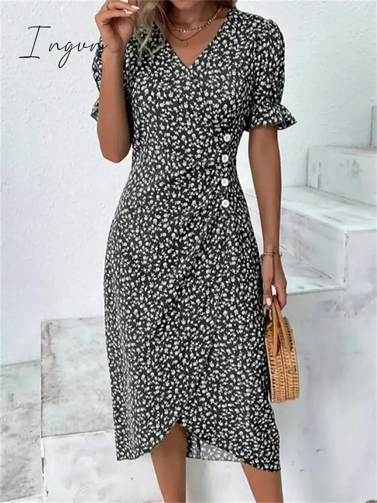 Ingvn - Women’s Casual Dress Wrap Floral Button Print V Neck Midi Fashion Classic Daily Holiday