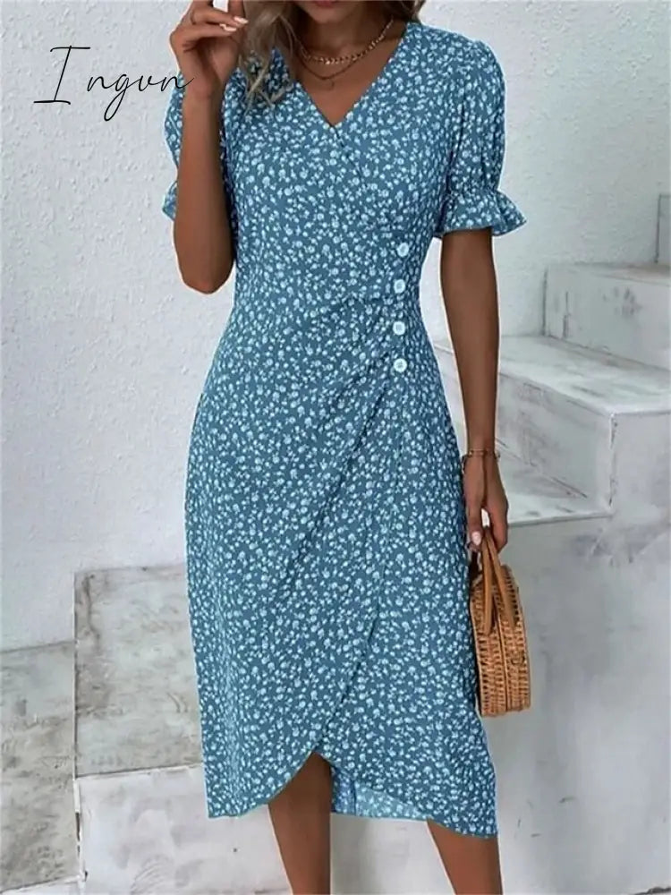 Ingvn - Women’s Casual Dress Wrap Floral Button Print V Neck Midi Fashion Classic Daily Holiday