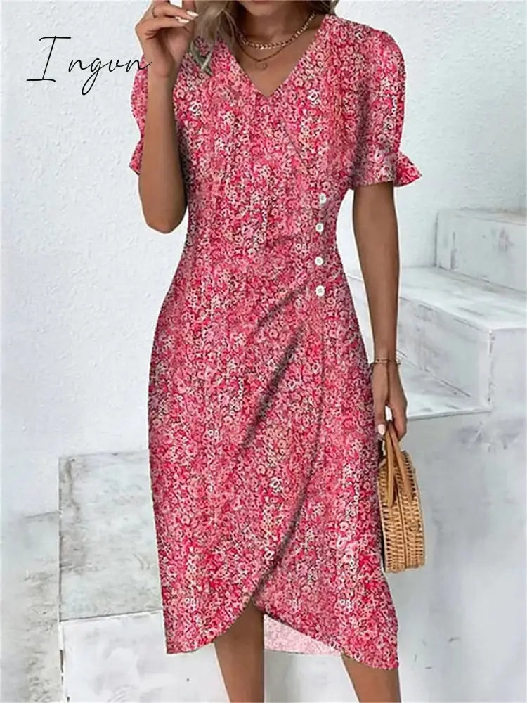 Ingvn - Women’s Casual Dress Wrap Floral Button Print V Neck Midi Fashion Classic Daily Holiday