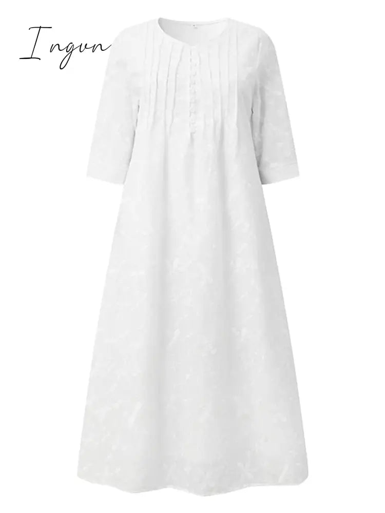 Ingvn - Women’s Cotton Linen Dress Casual Midi Mature Outdoor Daily Vacation V Neck Ruched Pocket