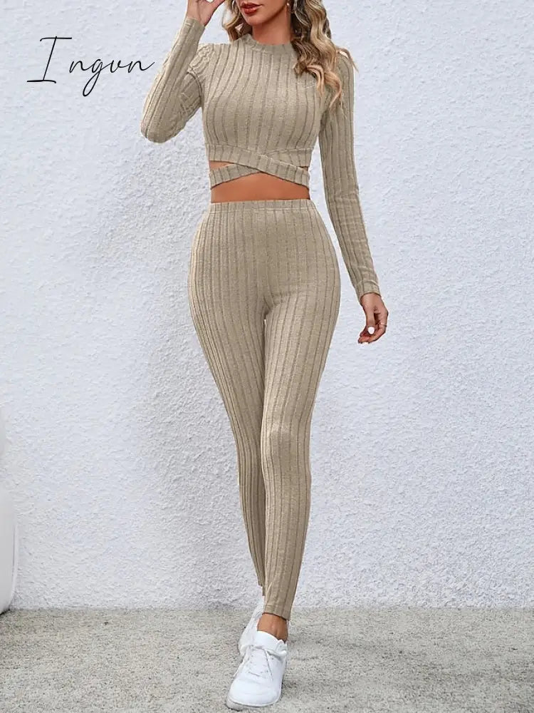 Ingvn - Women’s Crop Top Pants Sets Black Red Khaki Solid Color Long Sleeve Casual Daily Fashion