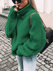 Ingvn - Womens Fall Fashion Sweater Women Autumn/Winter Turtleneck Doll Sleeve Loose Knit Women’s