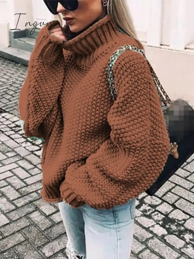 Ingvn - Womens Fall Fashion Sweater Women Autumn/Winter Turtleneck Doll Sleeve Loose Knit Women’s