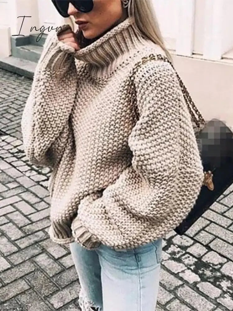 Ingvn - Womens Fall Fashion Sweater Women Autumn/Winter Turtleneck Doll Sleeve Loose Knit Women’s