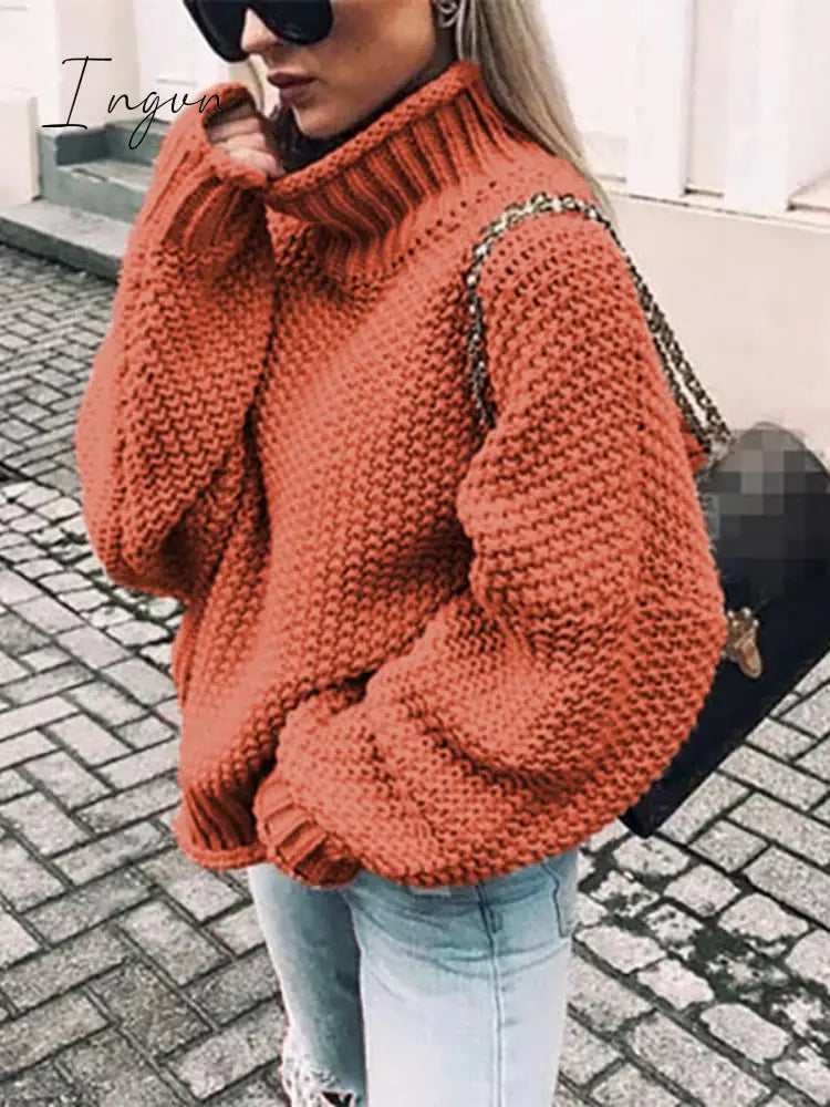 Ingvn - Womens Fall Fashion Sweater Women Autumn/Winter Turtleneck Doll Sleeve Loose Knit Women’s