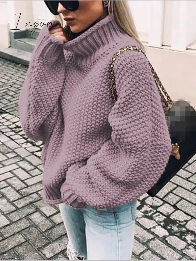 Ingvn - Womens Fall Fashion Sweater Women Autumn/Winter Turtleneck Doll Sleeve Loose Knit Women’s