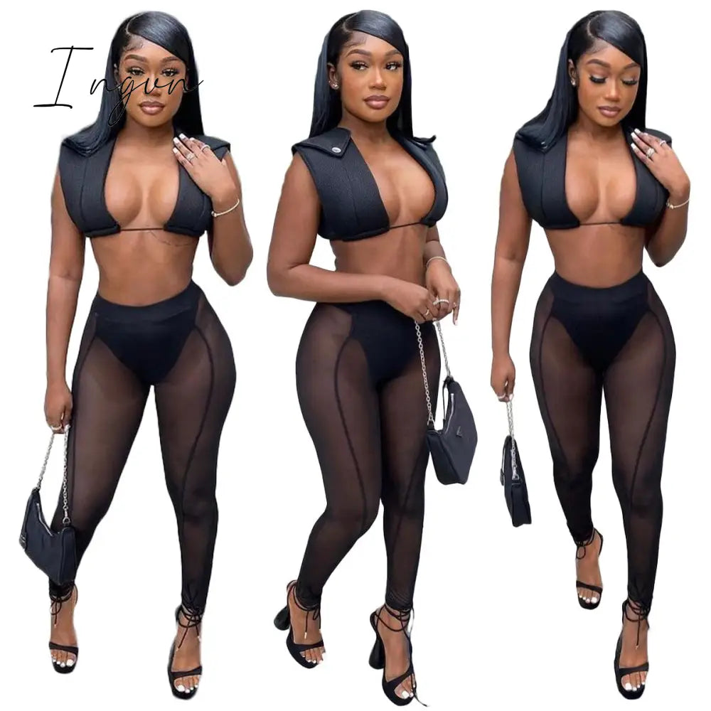 Ingvn - Womens Fashion 3 Pieces Set Bandage Lace Up Halter Crop Top Sheer Mesh Pants Set Party