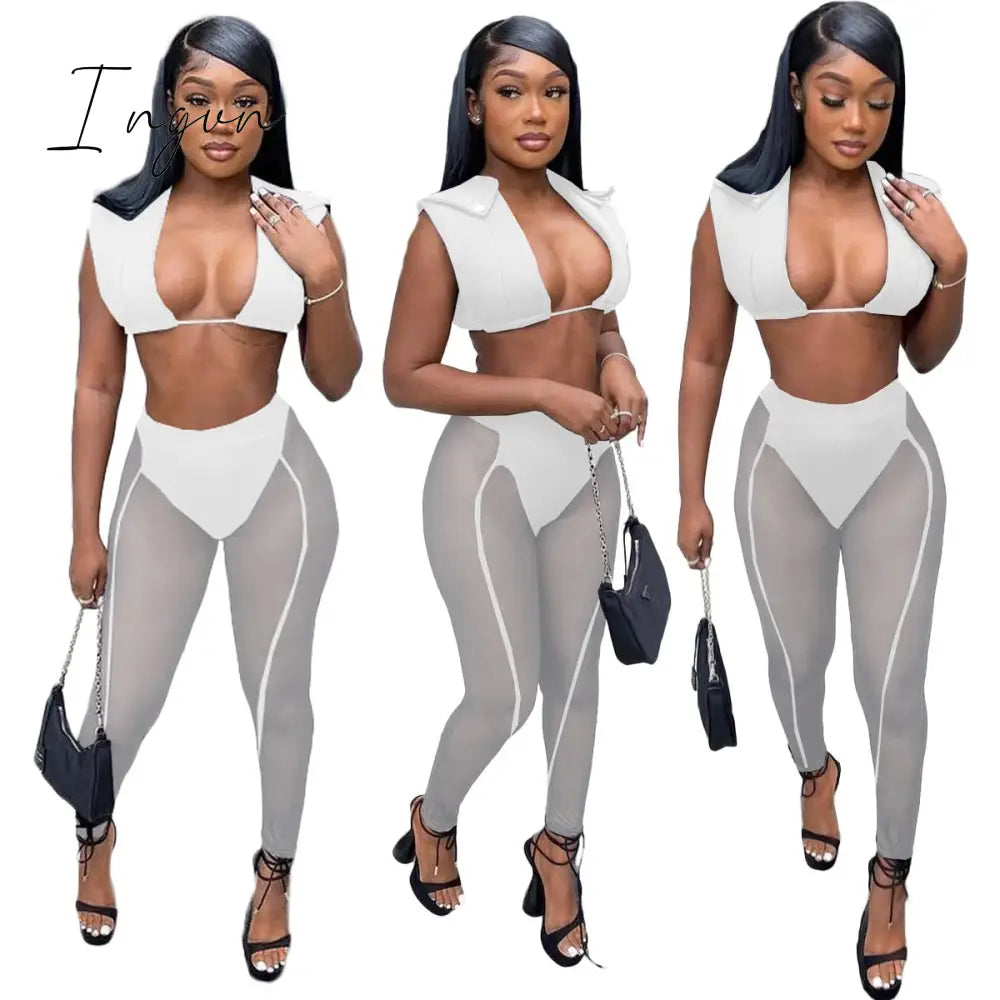 Ingvn - Womens Fashion 3 Pieces Set Bandage Lace Up Halter Crop Top Sheer Mesh Pants Set Party