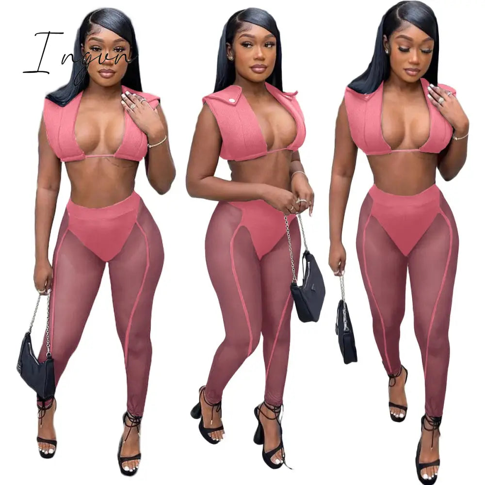 Ingvn - Womens Fashion 3 Pieces Set Bandage Lace Up Halter Crop Top Sheer Mesh Pants Set Party