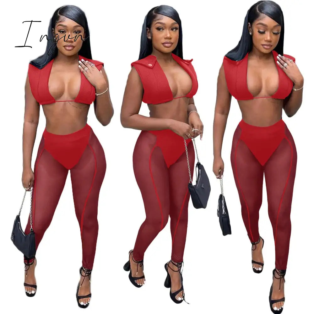 Ingvn - Womens Fashion 3 Pieces Set Bandage Lace Up Halter Crop Top Sheer Mesh Pants Set Party