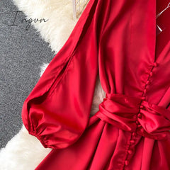 Ingvn - Womens Fashion Irregular Maxi Dress Women Design Hollow Puff Sleeve A - Line New Autumn