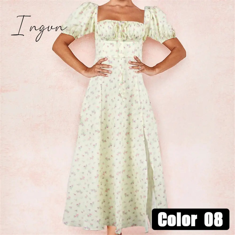 Ingvn - Womens Fashion Vintage Square Collar Printed Dress Women Sweet Puff Sleeve Slim Long Casual