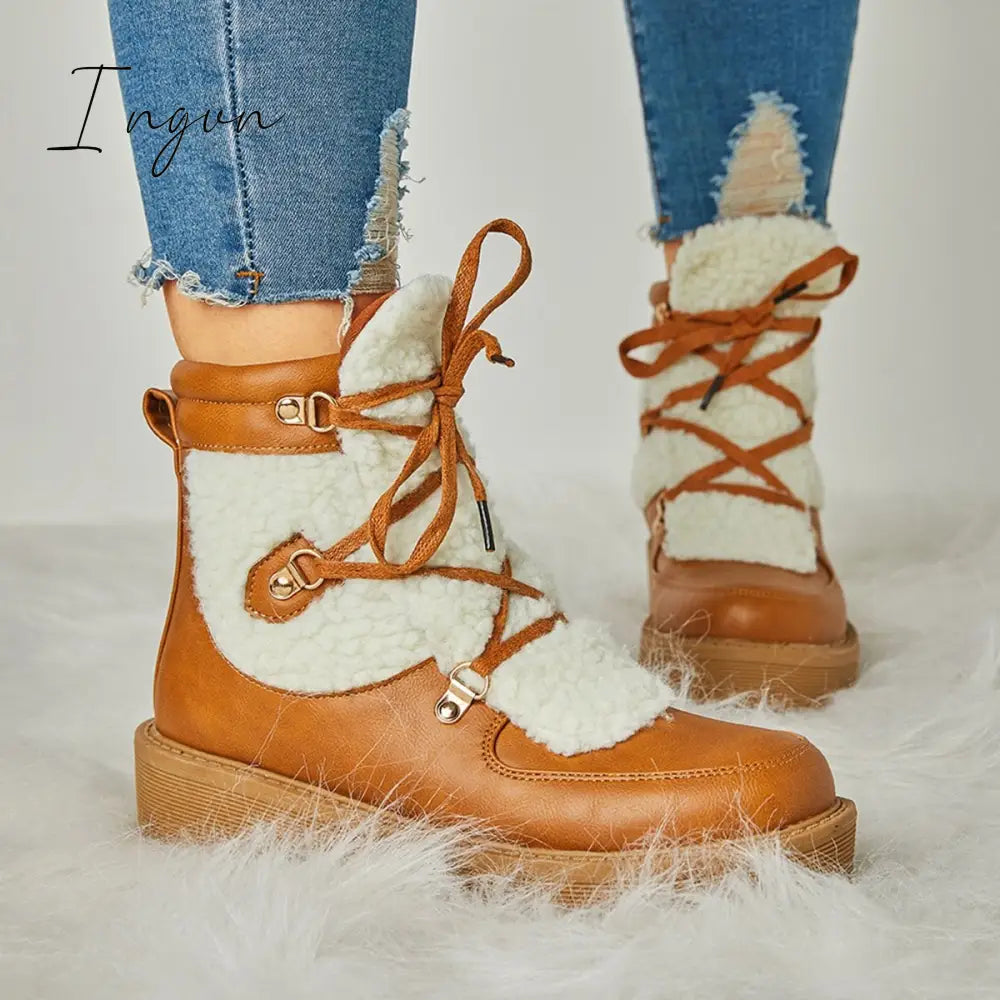 Ingvn - Women’s Faux Shearling Stiching Lace Up Snow Boots