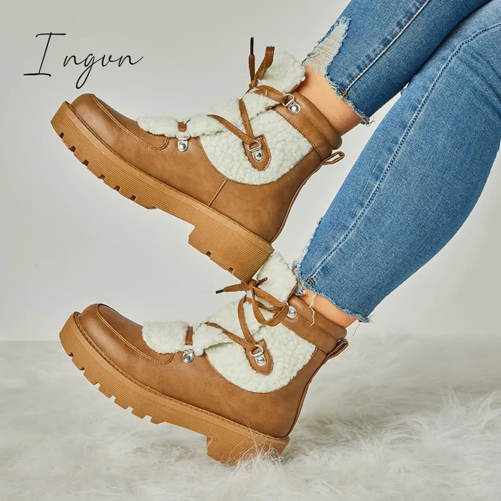 Ingvn - Women’s Faux Shearling Stiching Lace Up Snow Boots