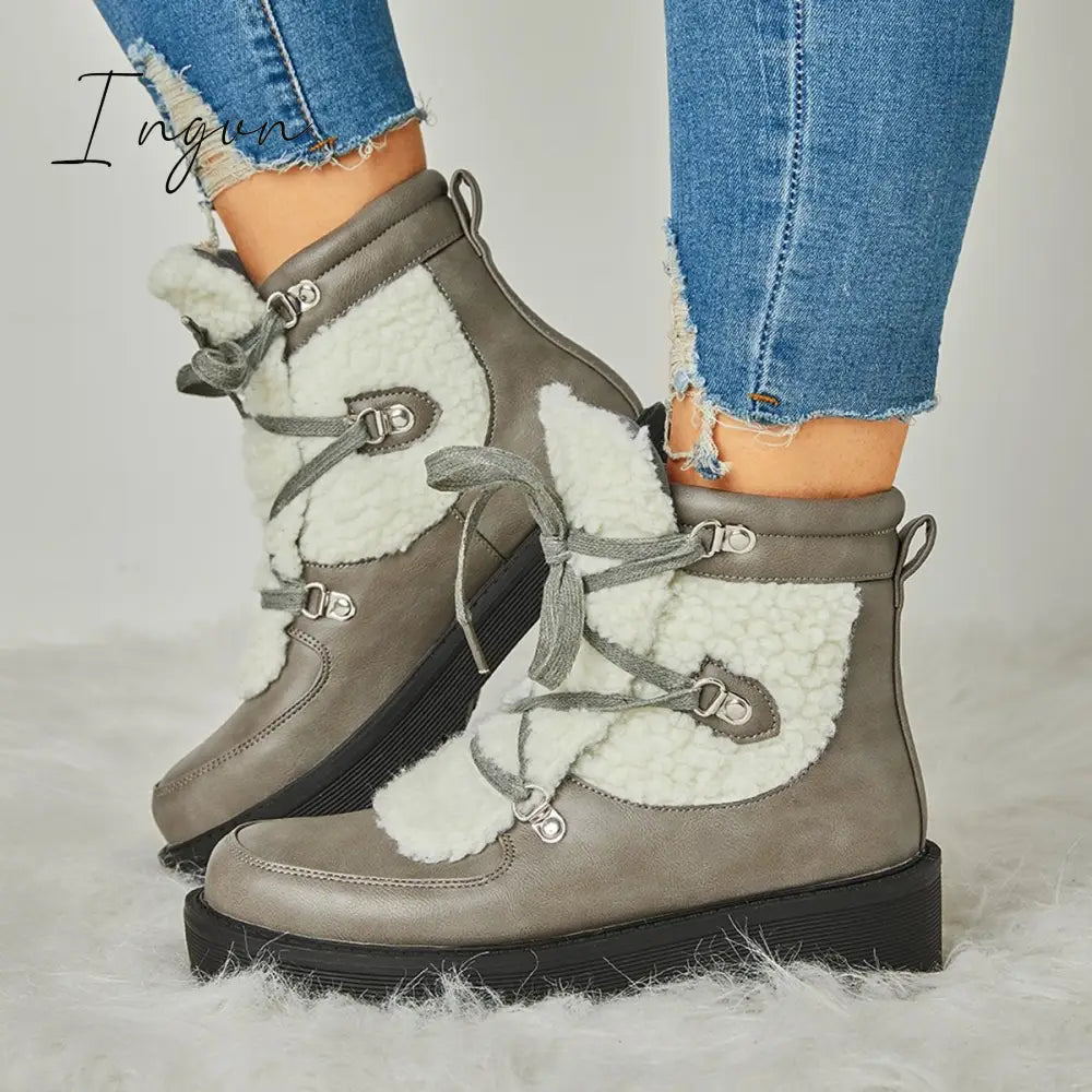 Ingvn - Women’s Faux Shearling Stiching Lace Up Snow Boots Gray / 5