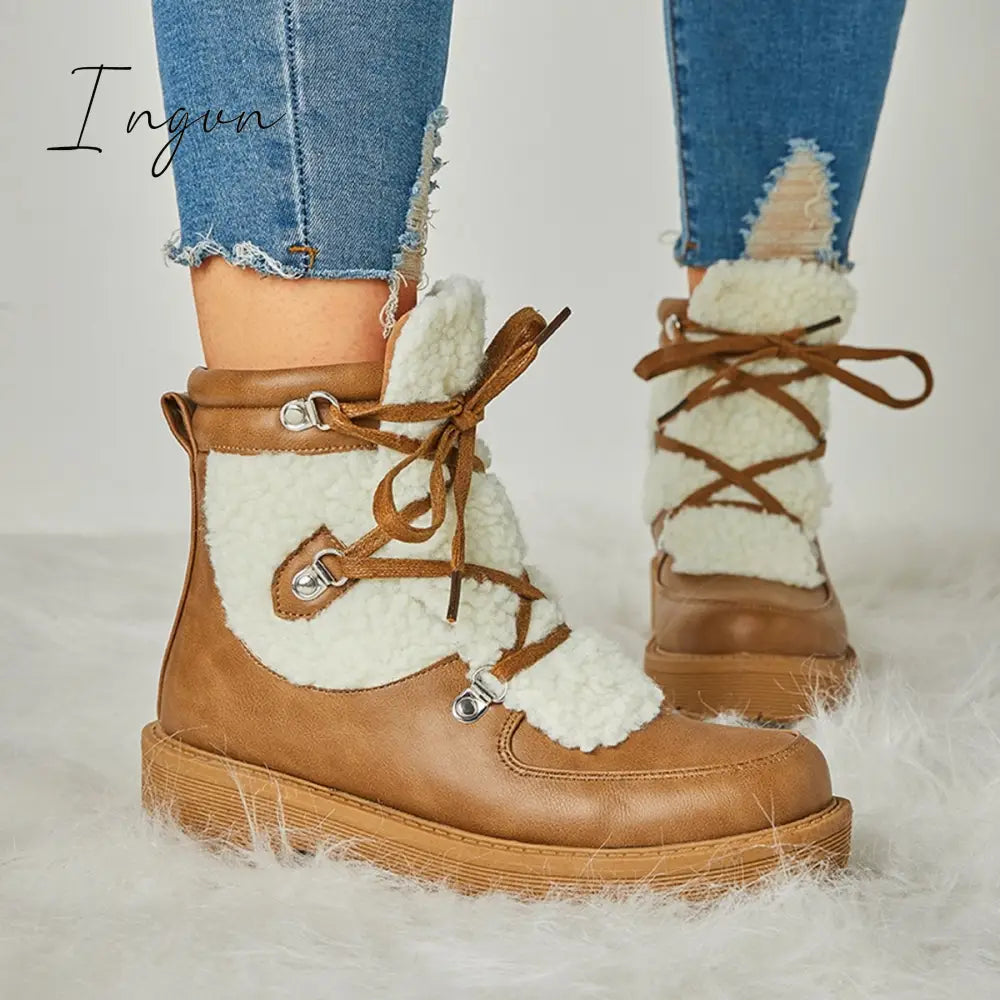 Ingvn - Women’s Faux Shearling Stiching Lace Up Snow Boots Khaki / 5