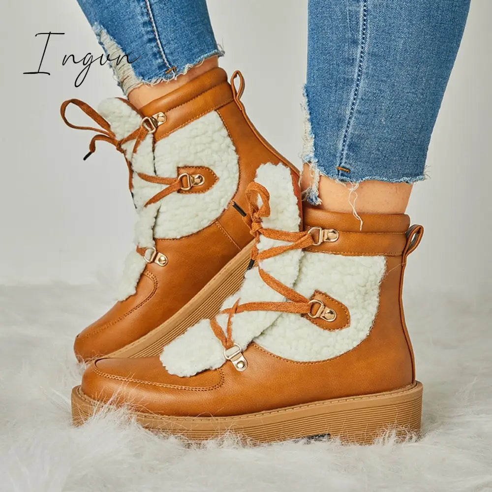 Ingvn - Women’s Faux Shearling Stiching Lace Up Snow Boots Tan / 5